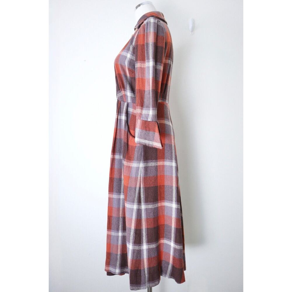 Vintage 1970s Wool Tartan Collared Dress Button Front Plaid Check Brown Orange - Picture 8 of 12